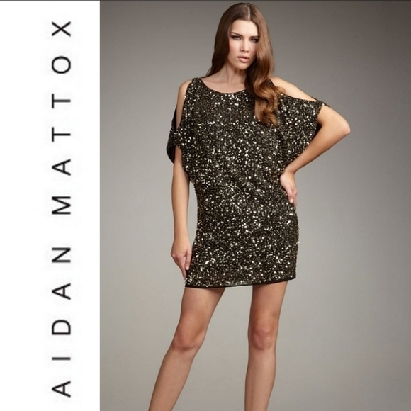 Aidan Mattox Black‎ Cold Shoulder Sequin Dress - Picture 1 of 10